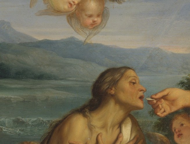 She is Saint Mary of Egypt, receiving her final communion.