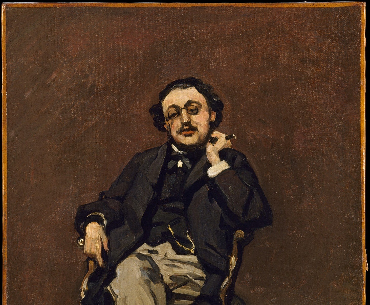 The nearly featureless background is a Realist convention (Courbet's influence) that forces all attention onto the sitter , unusual for Monet who would later dissolve figures into environment.