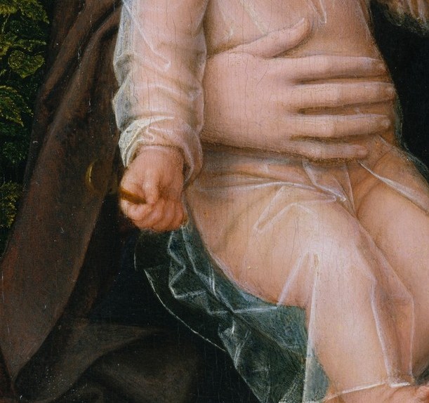 His bare feet, deliberately visible, are a Flemish symbol.