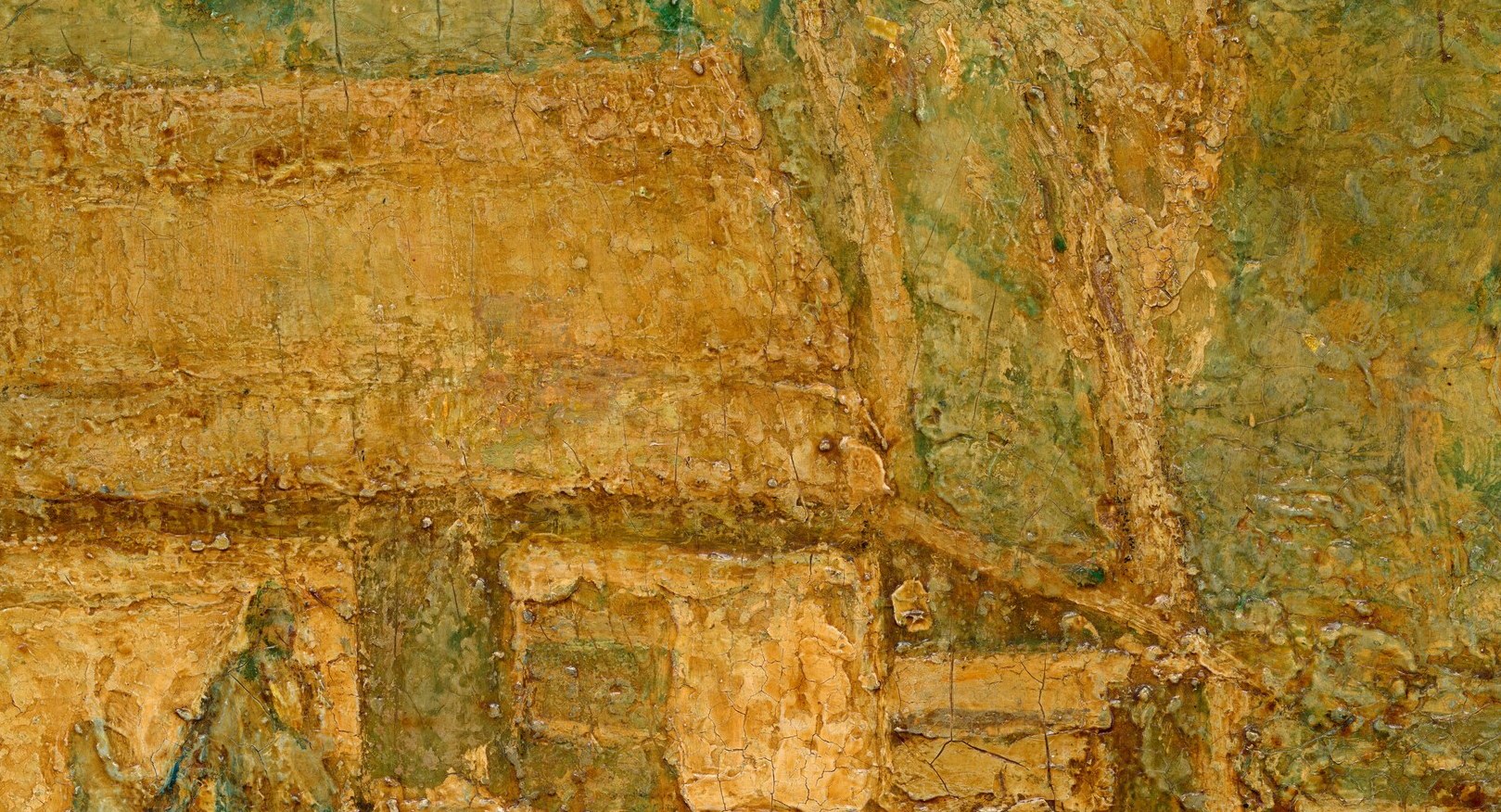This textured wall grounds the scene and hints at the rustic, enduring nature of the pastoral environment.