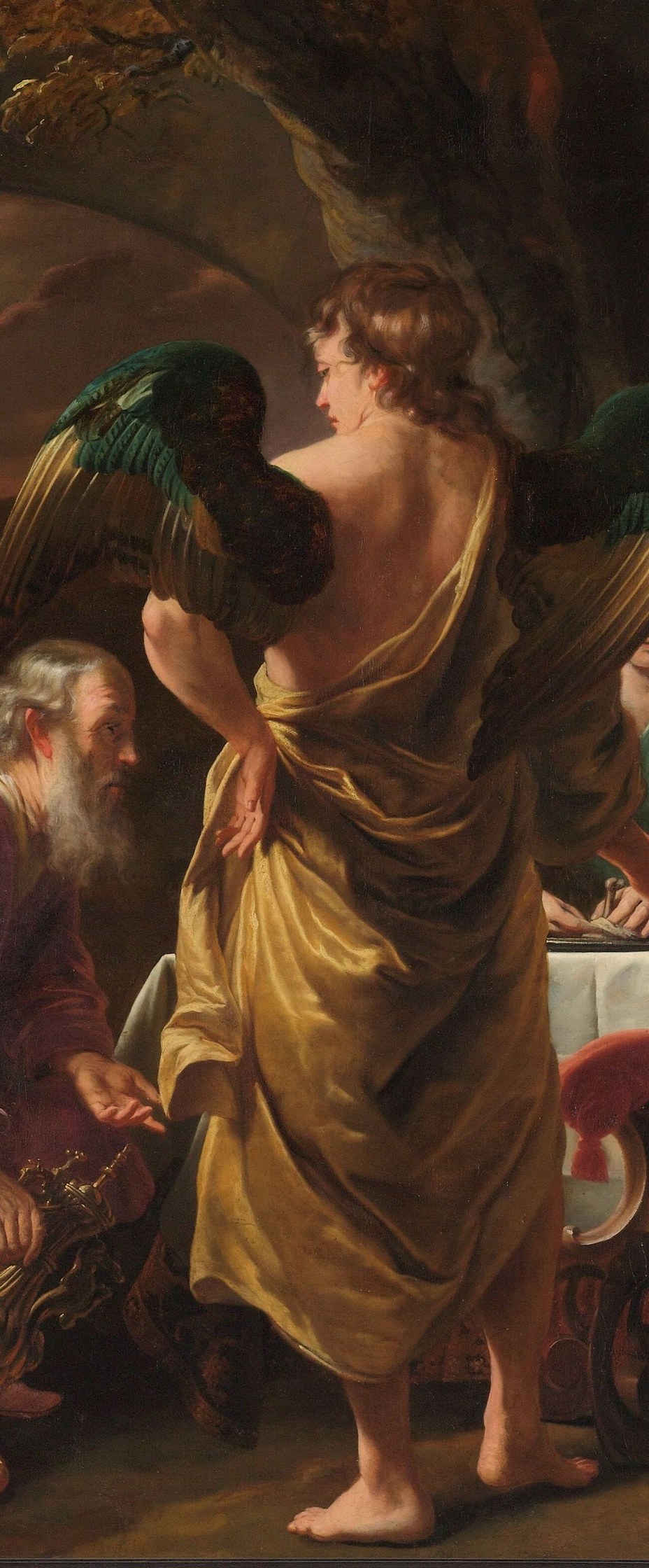 His gaze and gesture suggest he is the primary messenger, drawing attention to the divine presence.
