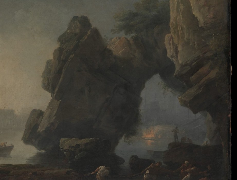 The dramatic, shadowed rocks frame the scene and create a sense of natural grandeur.