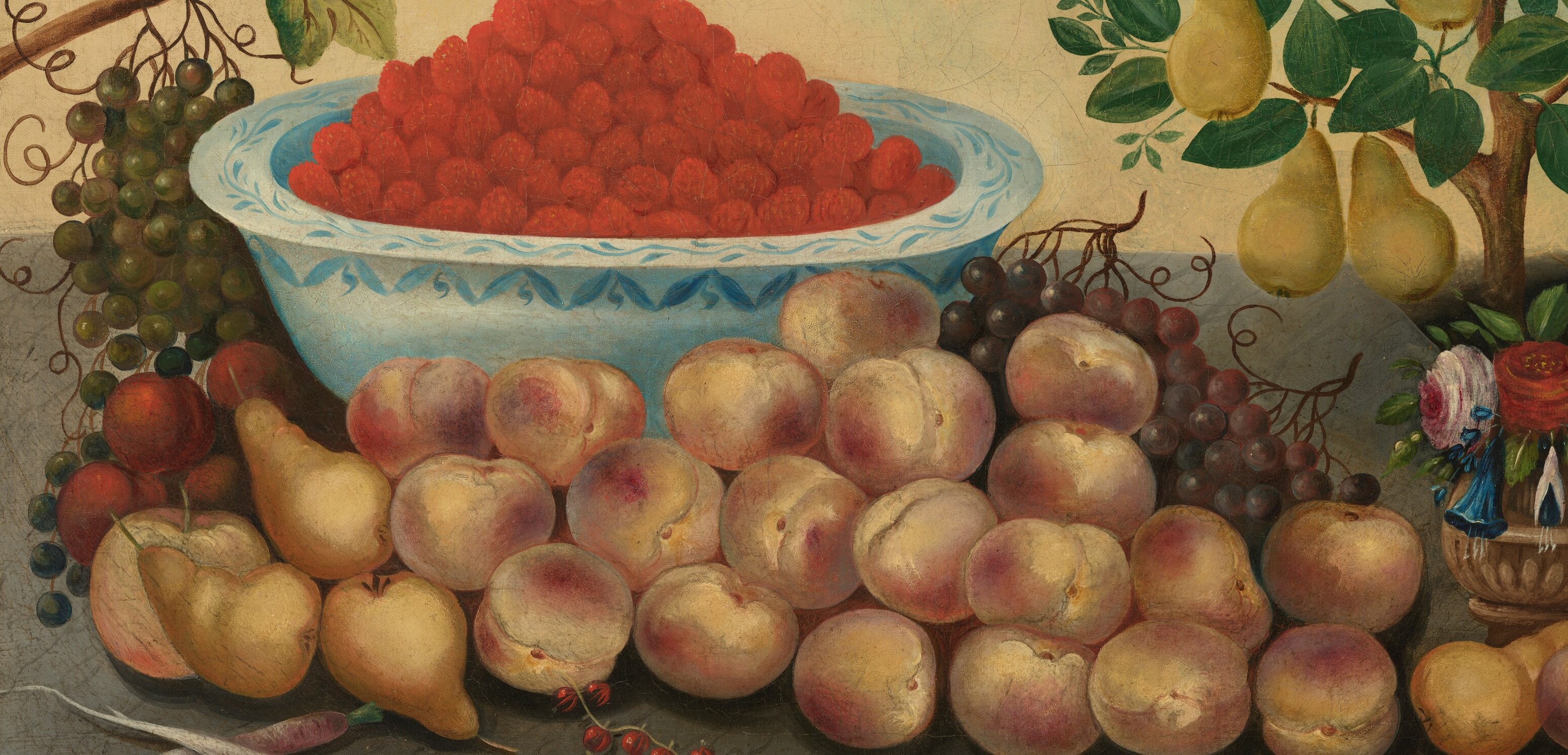 The generous cascade of velvety peaches fills the lower third of the canvas , their fuzzy skins are the painting's most extended texture exercise and reward prolonged inspection for subtle color variation from blush to gold.