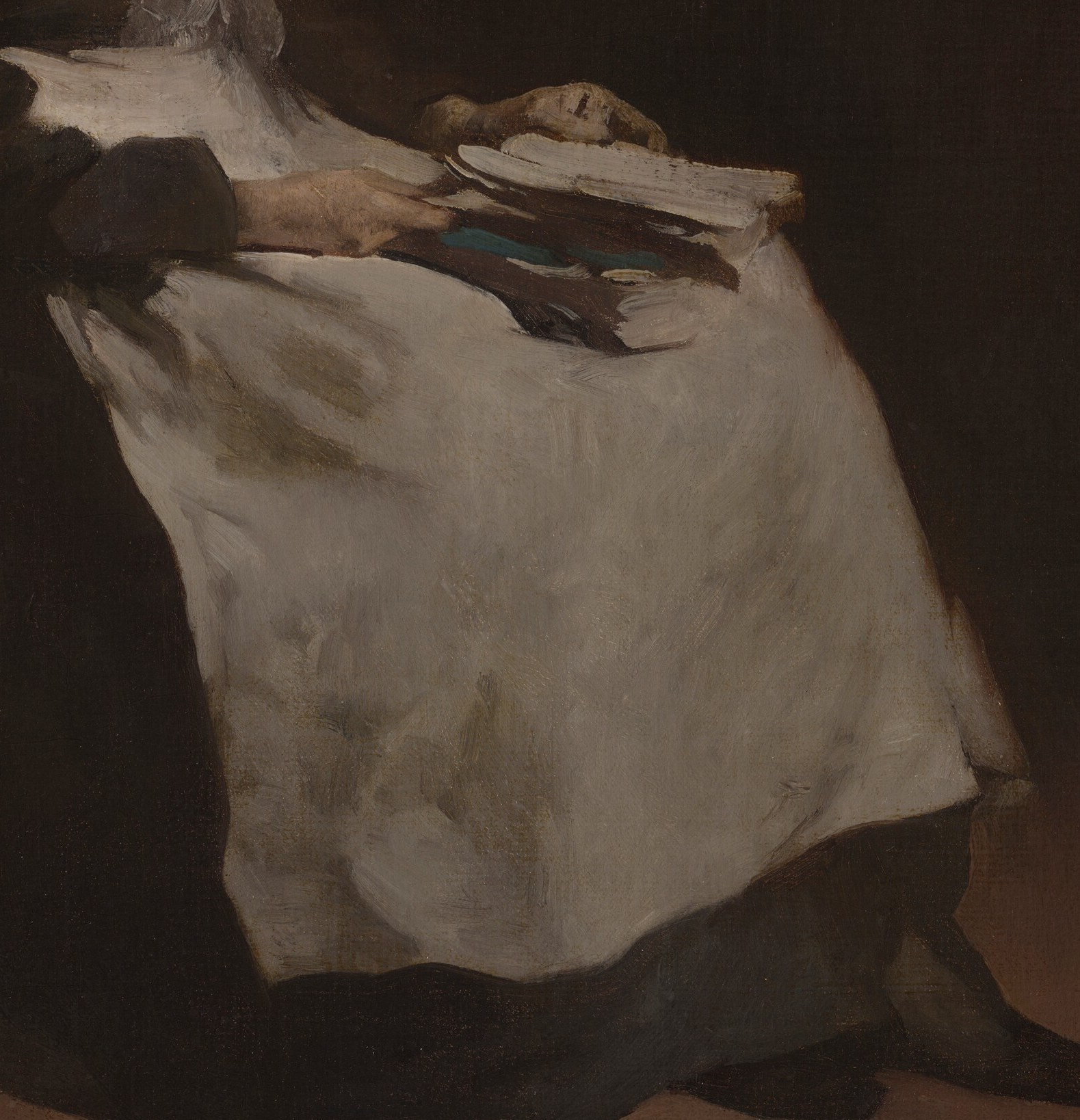 Ribot built this entire scene from a few quiet tones, browns, blacks, and the single white apron.