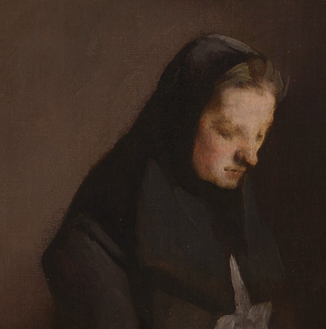 Her head covering and dark dress mark her as a woman of the working household.