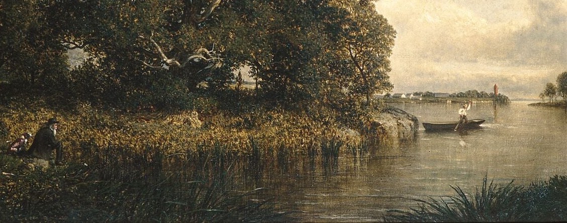 The still water reflects sky and distant shore, doubling the composition vertically , the quietness of the surface is key to the painting's meditative mood.