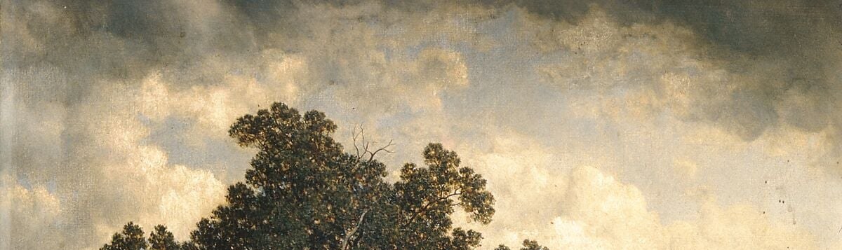 The sky occupies roughly a third of the canvas; the light filtering through clouds is the primary light source and gives the scene its moody, transitional atmosphere.