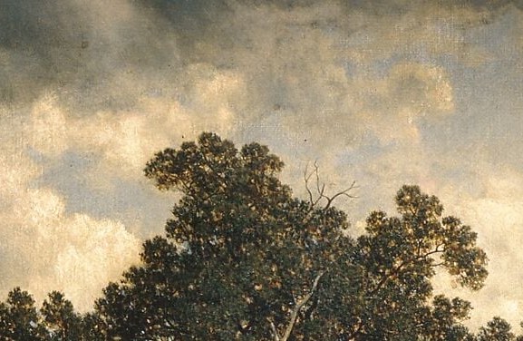 The filigree of bare branches threading against the pale sky is Johnson's most graphic mark-making , virtuosic and distinctive, pulling close inspection.