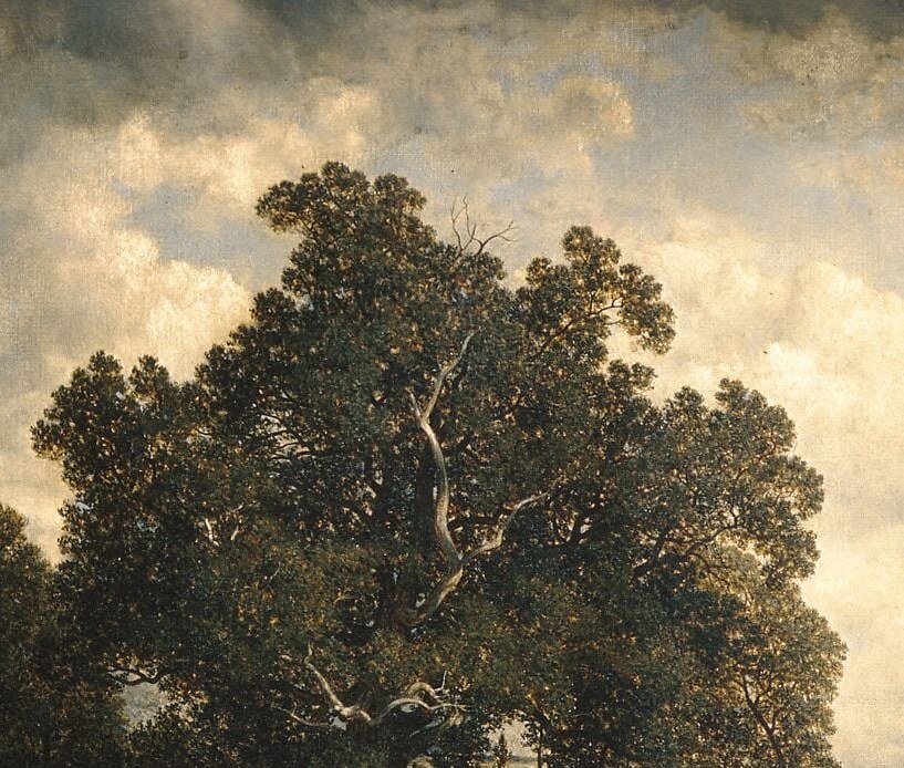 The compositional anchor of the whole painting , its dark silhouette creates tension against the luminous cloudy sky and organizes the entire scene.