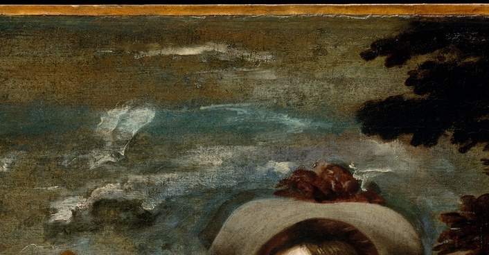 The extravagant plumage signals noble rank and theatrical self-presentation; the red echoes the sash below, tying the composition together vertically.