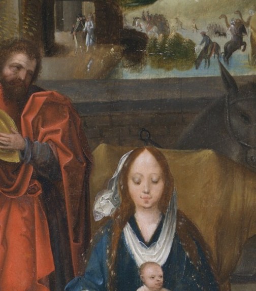 Simply dressed and luminous against Mary's blue robe, the infant is the theological focal point of the entire gathering