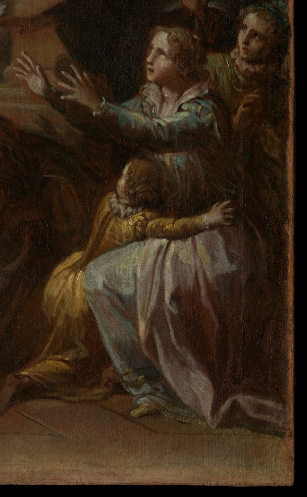 This woman's plea is central to the painting's emotional weight.