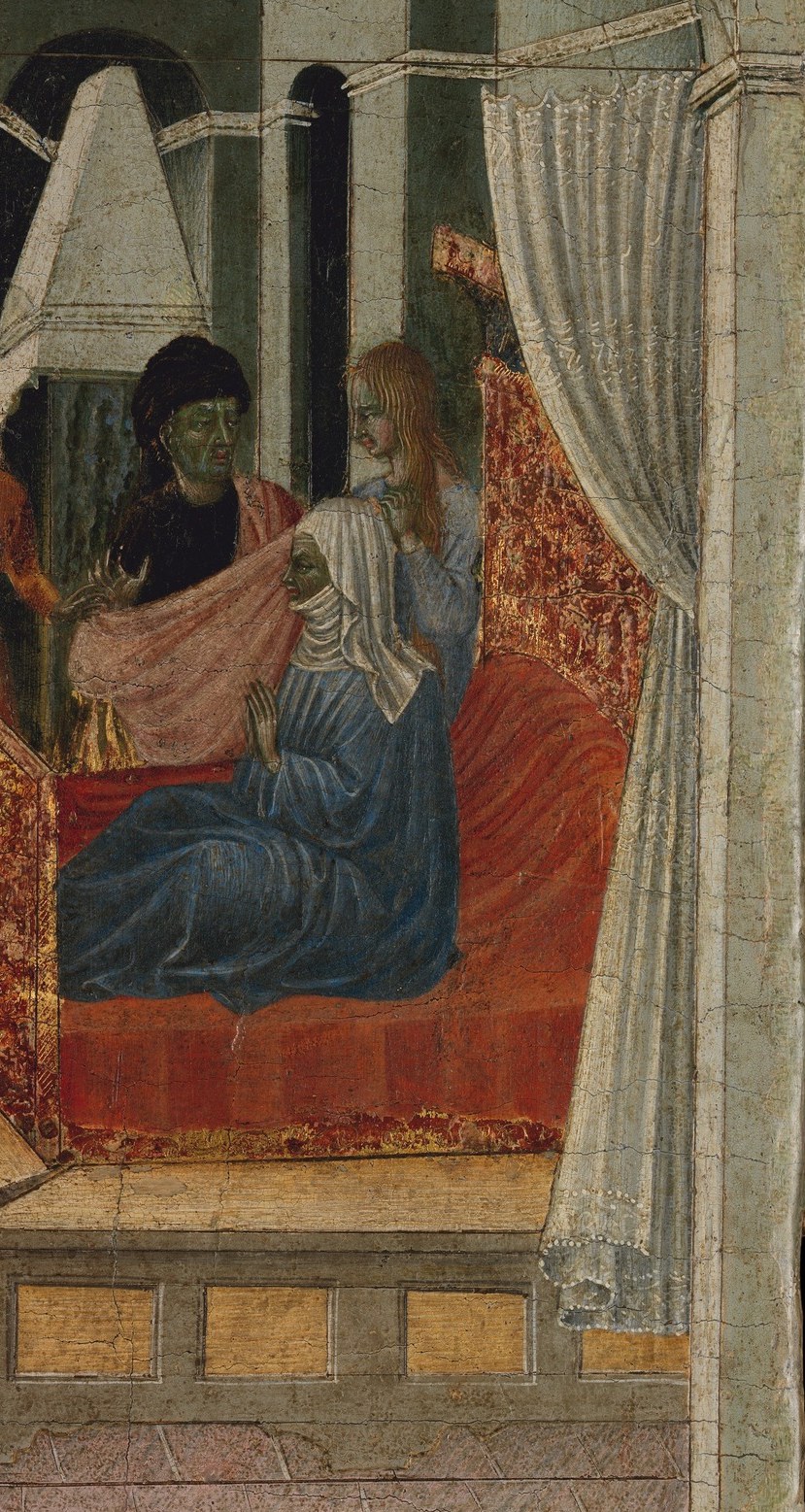 A red canopy bed marks this as a prosperous merchant's home in 1450s Siena.