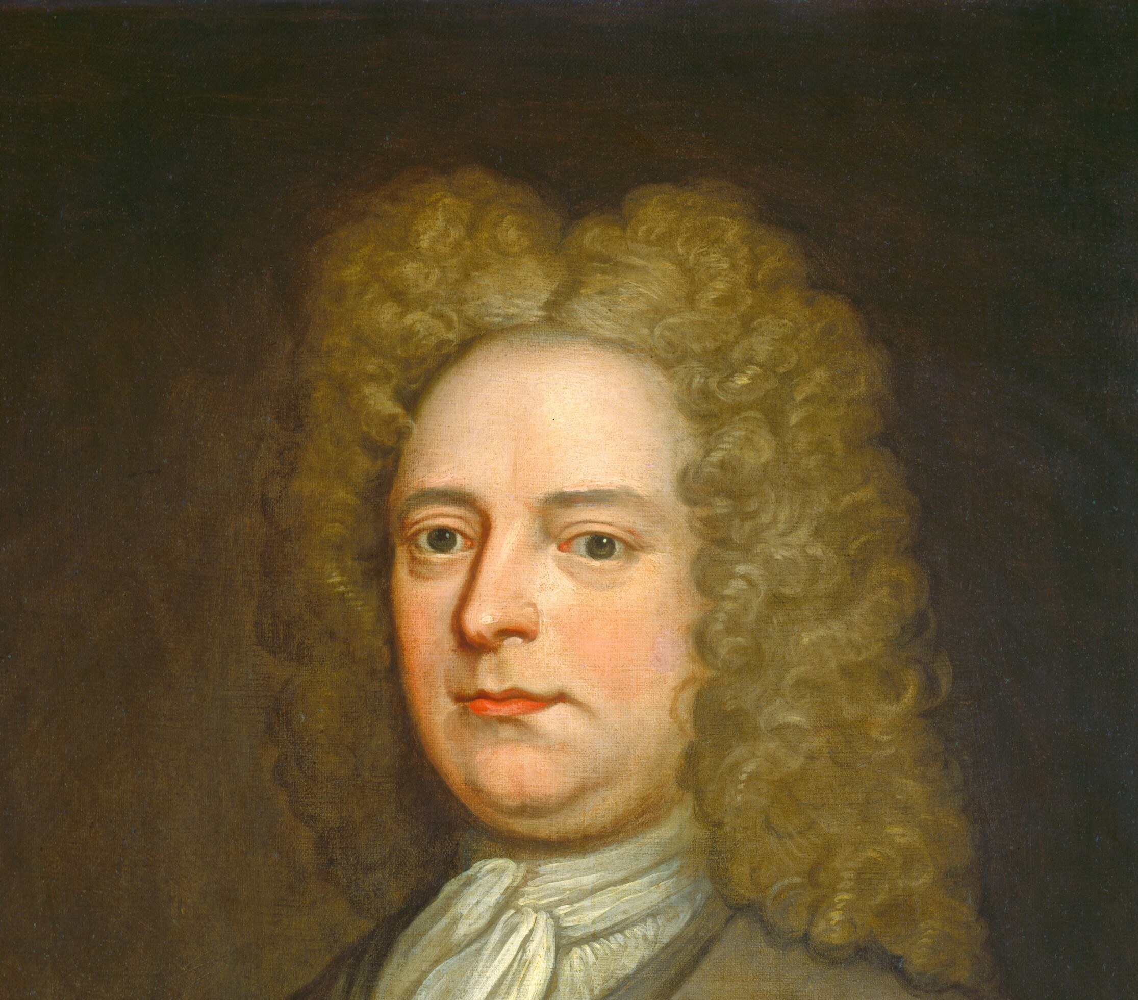 The voluminous light-brown wig is a precise status marker; its curls cascade past the shoulders, dating the portrait firmly to c.1710-1730 fashion.