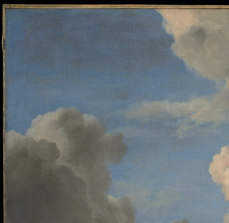 The threatening dark clouds set against sunlit center create tension , Ruisdael's weather is never merely decorative but implies change and transience.