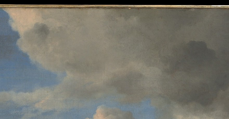 A theatrical shaft of illumination piercing the cloud , Ruisdael orchestrates light as a dramatic event, this bright passage is the painting's emotional apex.