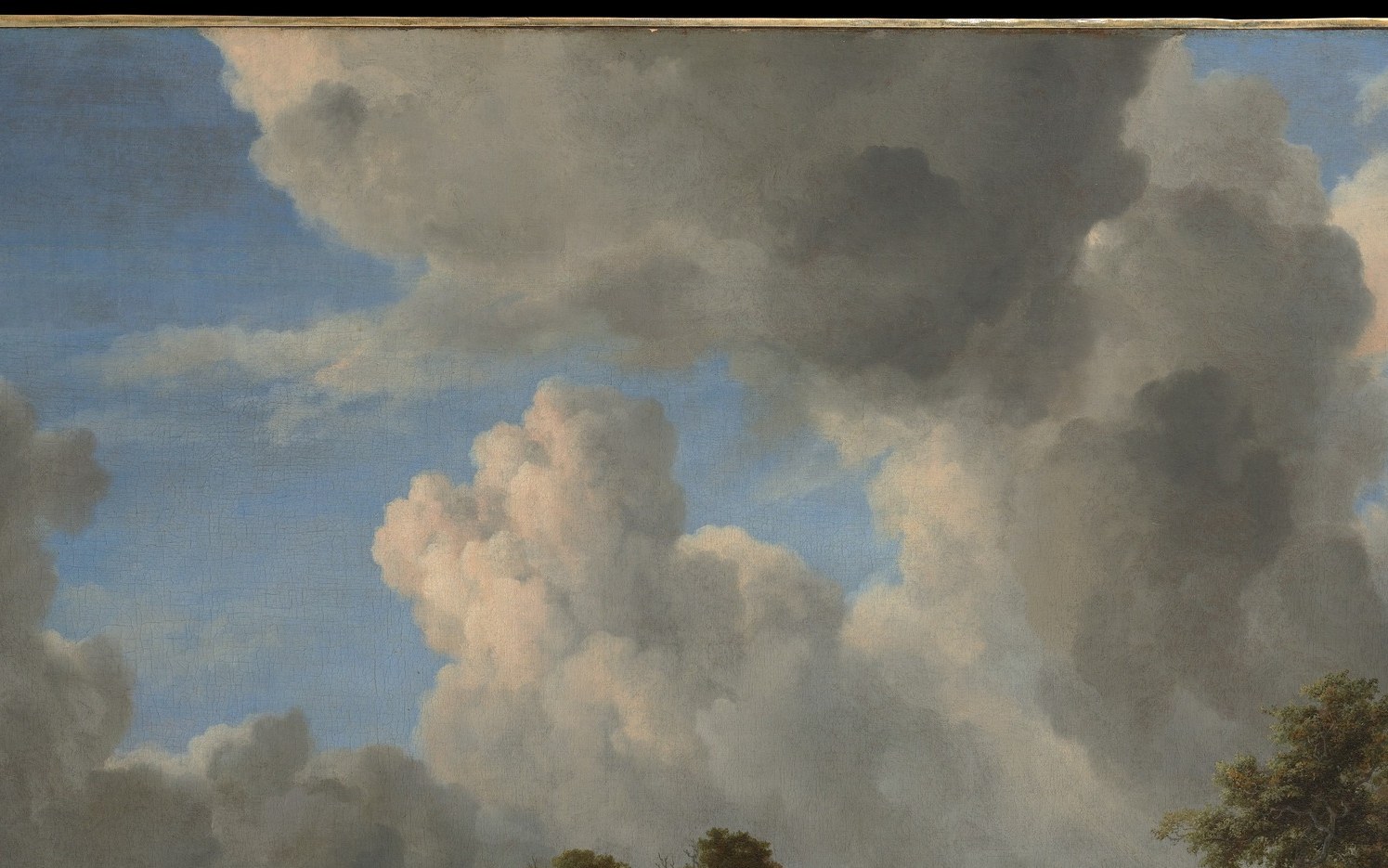 The monumental cloudscape is the true subject , Ruisdael's mastery of Dutch skies, with sunlit whites against steel-grey undersides, reveals his atmospheric drama that rivals any figure painting.