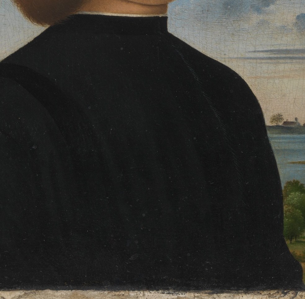 His dark robe and hat were formal dress for a Venetian gentleman.