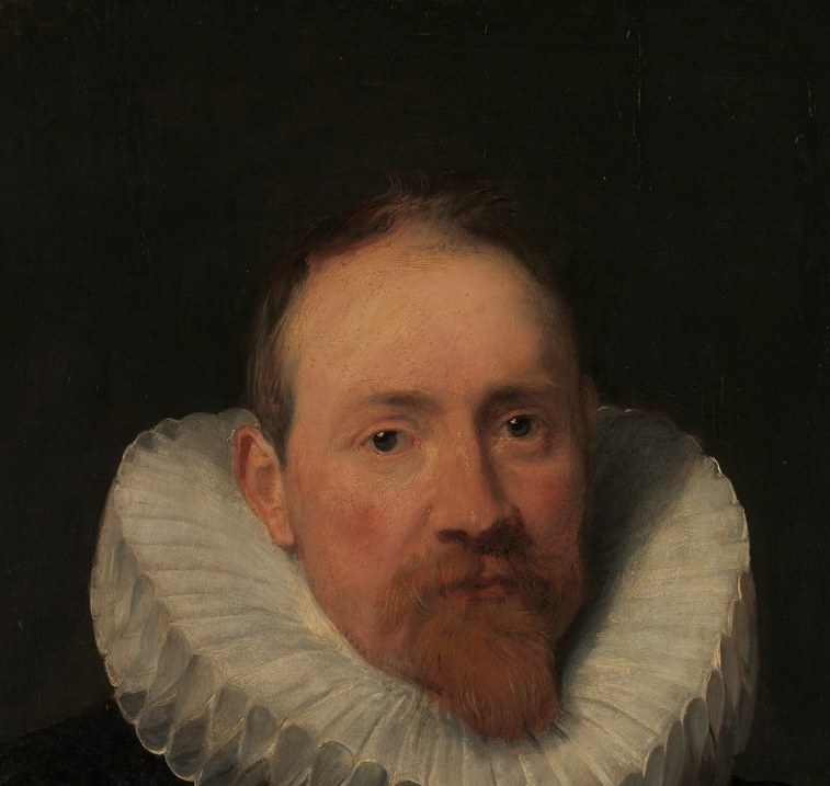 Van Dyck floods the face with raking light while the background falls to near-black , the classic device that transforms a merchant into an archetype of Renaissance authority.