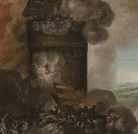 The smoke and flames engulfing the tower create a dramatic focal point, conveying the intensity of the battle.
