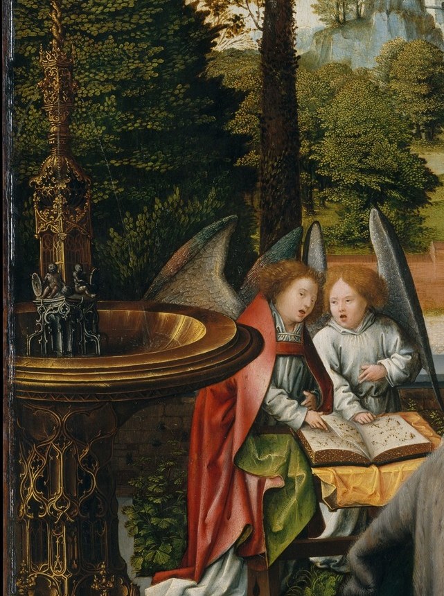 The open book likely signifies Scripture or prophecy, linking the scene to biblical foretelling , a key iconographic symbol.