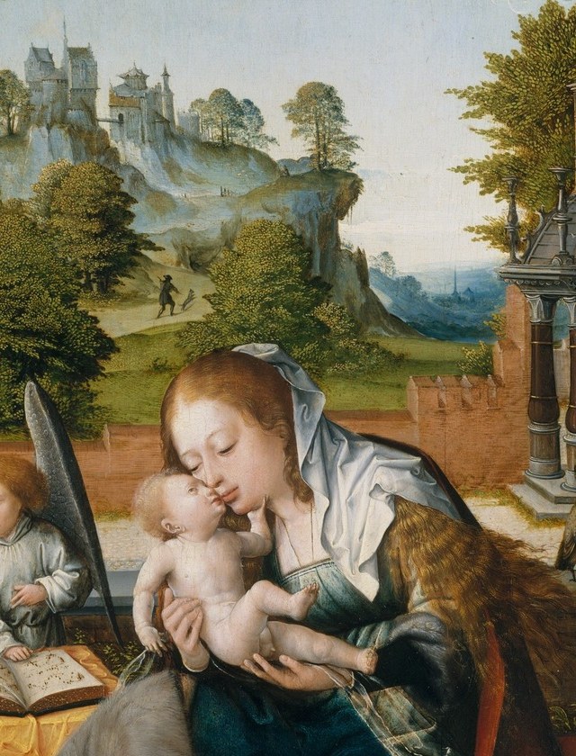 Ultramarine blue reserved for the Virgin in Flemish tradition; the fabric folds show confident drapery painting and costly pigment choice.