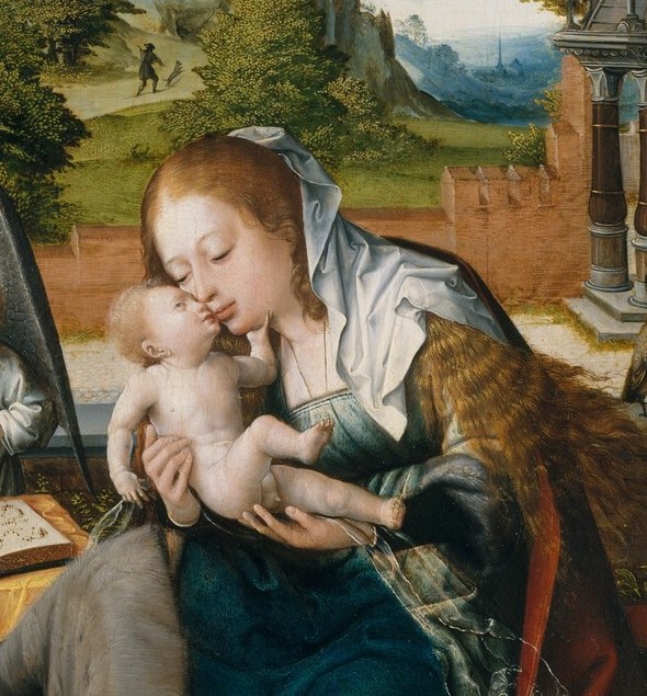 The naked infant is the theological center; his posture and the Virgin's embrace signal both vulnerability and divine protection.