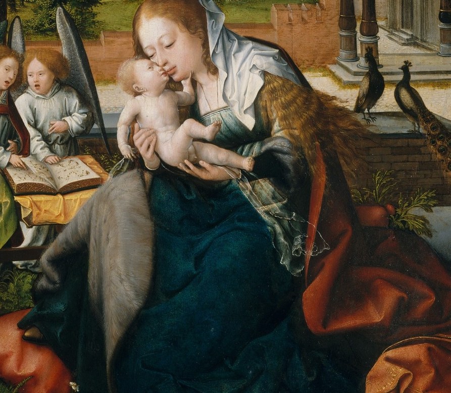 The saturated red against the blue dress is Van Orley's most dazzling coloristic choice , a deliberate devotional signal of Christ's future Passion.