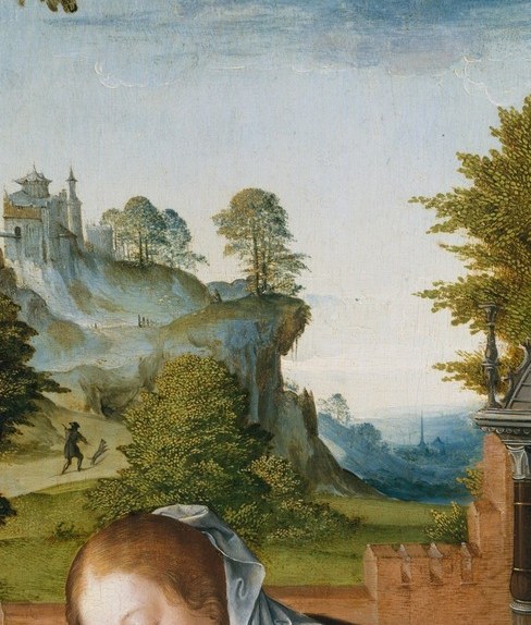 Her downward gaze and serene expression convey tender maternal devotion , the emotional anchor of the composition.
