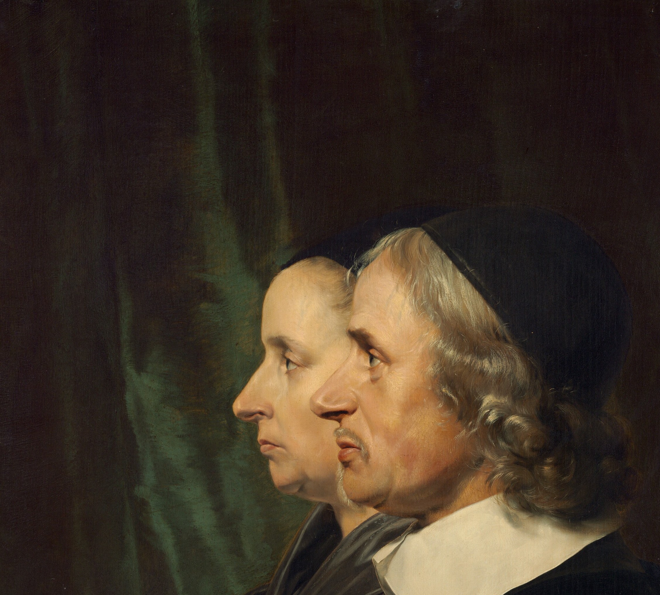 The two profiles almost merge , a compositional choice that shows intimacy and Jan de Bray's understanding of pictorial space within the portrait historié tradition
