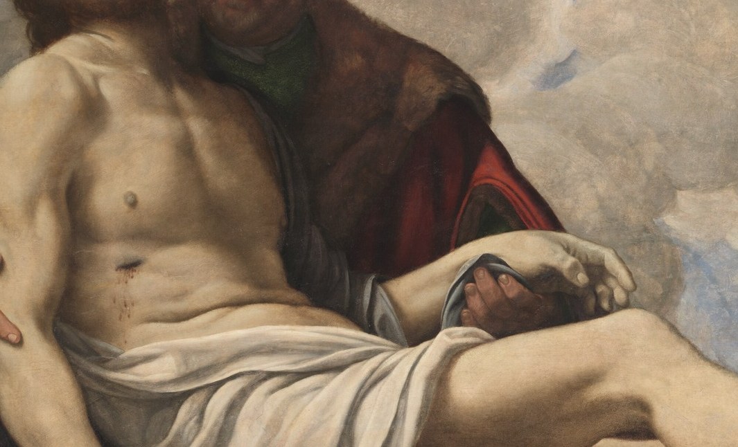 The wound on Christ's side (spear mark) is visible , a key iconographic detail confirming this is the post-Crucifixion body; Savoldo's modelling of the pale flesh is technically precise