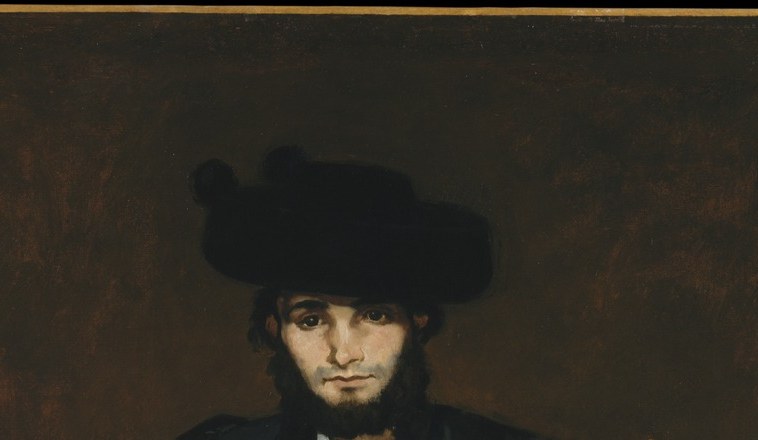 The defining silhouette of the majo costume, tilted at a rakish angle; ties the painting to Goya's majas and to Velázquez's street types that Manet was explicitly homaging in 1863