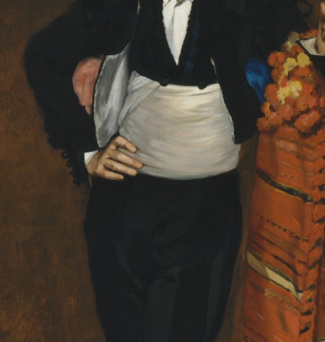 The jacket's short cut is distinctively majo; Manet renders it in near-flat dark tones with minimal modelling, a deliberate flatness learned from Japanese prints and Spanish masters