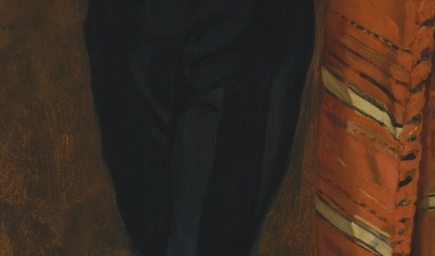 The single loudest value contrast in the picture , Manet uses the sash as a horizontal anchor to break the vertical column of the figure; it is also a key majo costume identifier