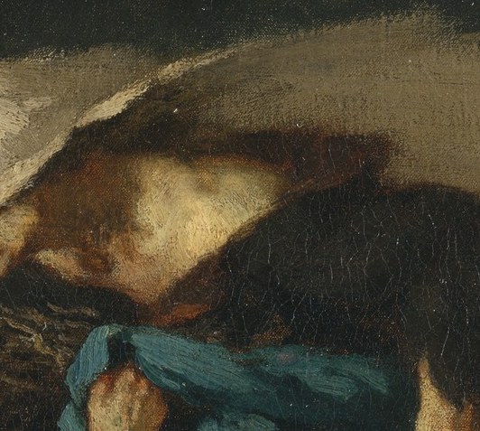 The wind whips the fabric, emphasizing the force of the storm and her struggle.