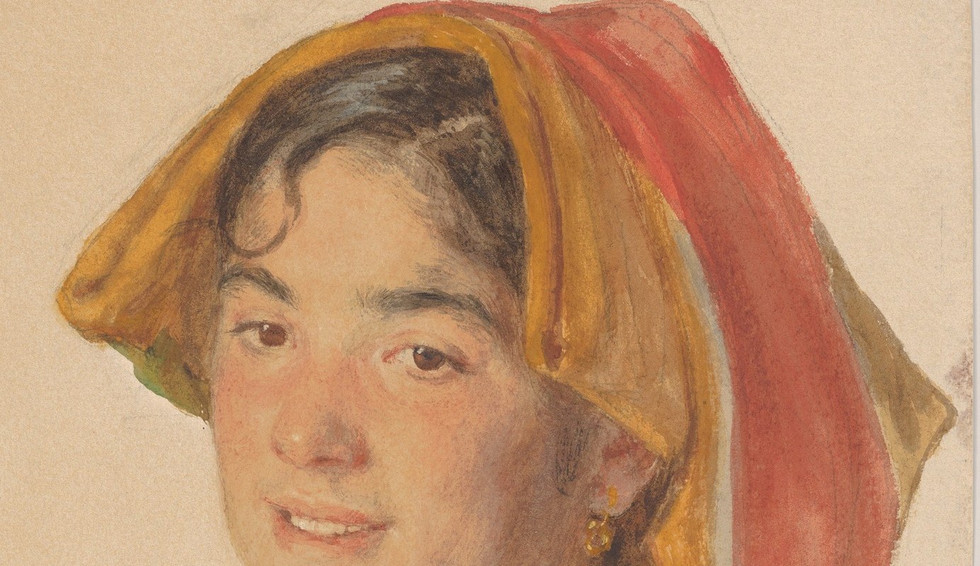 The vibrant colors and draped fabric create a striking visual element, suggesting regional attire and adding a dynamic quality to the portrait.