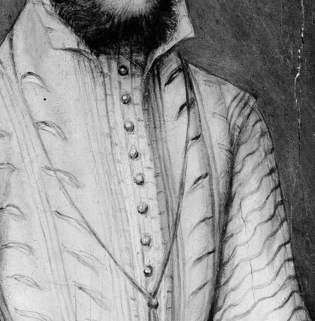 The crisp white fabric, with its detailed pleating and buttons, highlights the sitter's attire and the artist's skill.
