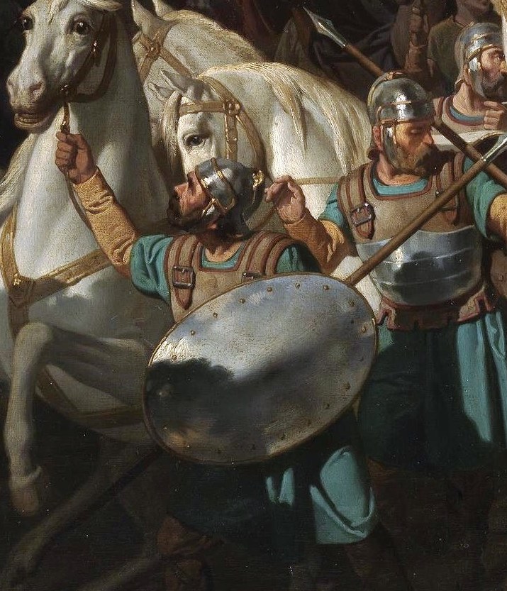 The armored soldiers behind him convey grim determination.