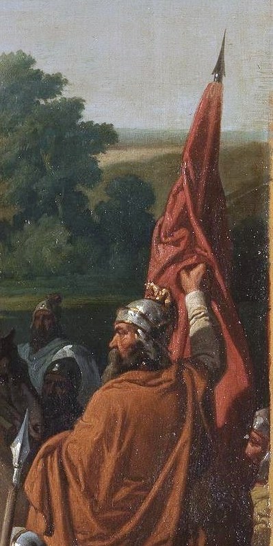 A prominent symbol of the army, its raised position and color suggest a rallying point or a significant banner.