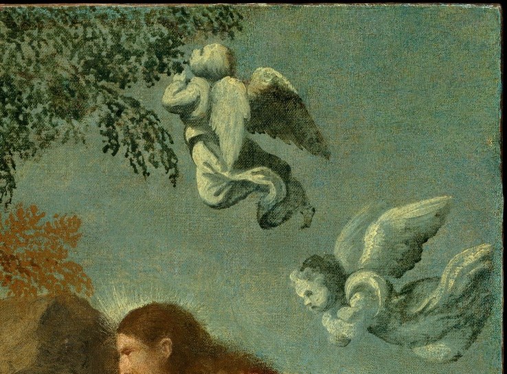 Ministering angels of Mark 1:13 , their soft luminous forms against the blue sky complete the theological frame: heaven witnesses while earth is subdued.