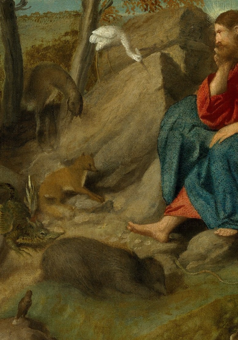 The contemplative focal point , head bowed, hands clasped, expressing solitary spiritual anguish rather than triumphant resistance; the pose invites meditation on interiority.