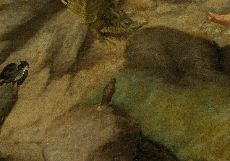 Tame apex predator fulfills Mark 1:13 ('with the wild beasts') , its docility around Christ symbolizes paradise restored and sovereign peace over creation.