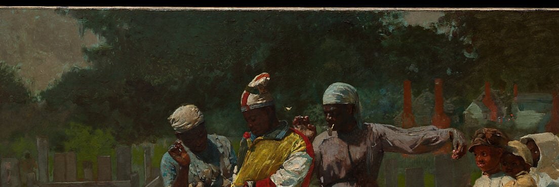Homer uses the dark woodland to press in around the figures, making the Virginia yard feel private and enclosed , the celebration happens outside institutional spaces, in the community's own world.