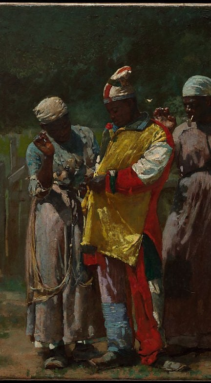 The scene's ceremonial axis , arms extended, body being adorned by two women, he stands in a posture of ritual transformation that blends West African and European carnival traditions.