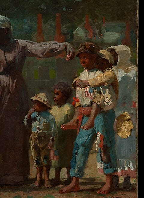Their range of postures , some leaning in, some hanging back , reads as cultural transmission in real time; Homer frames the next generation receiving a living tradition.