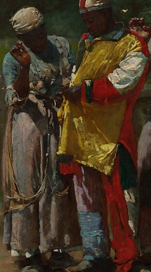 Homer's most saturated color passage , the hot red against warm yellow and dark earth tones is the painting's chromatic climax and reveals his skill with textile texture.