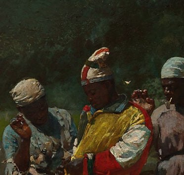 The bright yellow marks the man as a figure of spectacle and performance , Jonkonnu performers historically used vivid color to command attention and signal festive status.