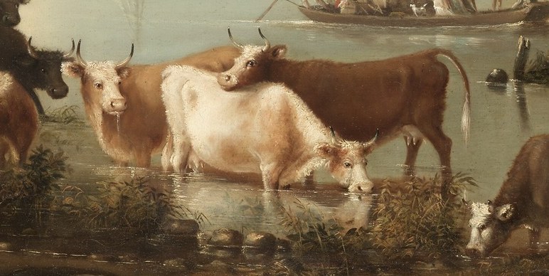 This scene shows cattle drinking by the river.