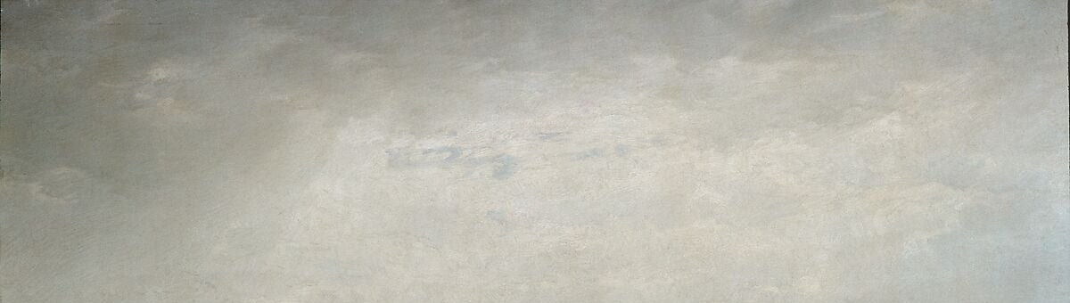 Richards assigns nearly half the canvas to sky, making atmosphere rather than water the true subject , the gray luminous vault sets the emotional register for the entire scene.