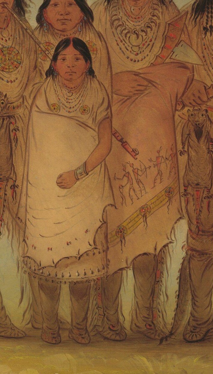 He holds a ceremonial pipe, a tool for diplomacy and ritual.